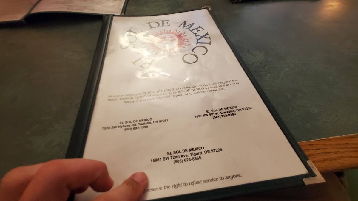 Menu - El Sol De México | Tigard photo 10
